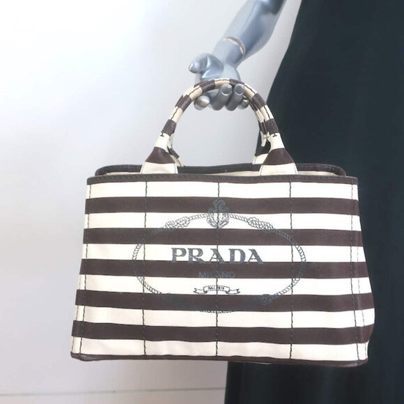 Prada Striped Canapa Canvas Medium Tote Ivory & Dark Brown Crossbody Bag - Picture 1 of 16